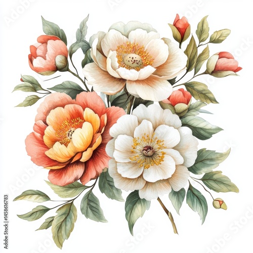 Delicate Watercolor Bouquet of Peach and White Blossoms