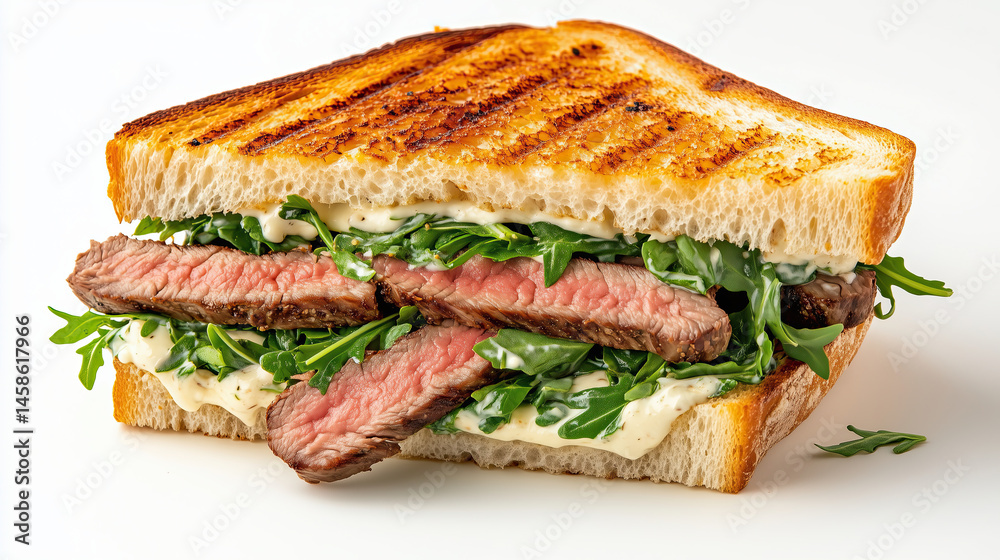 Delicious grilled steak sandwich featuring tender slices of beef, fresh arugula, and creamy sauce, all nestled between toasted bread Delicious grilled steak sandwich featuring tender slices of beef, fresh arugula, and creamy sauce, all nestled between toasted bread
