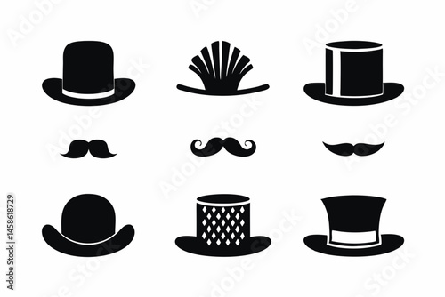 set of hat with mustache  silhouette vector illustration