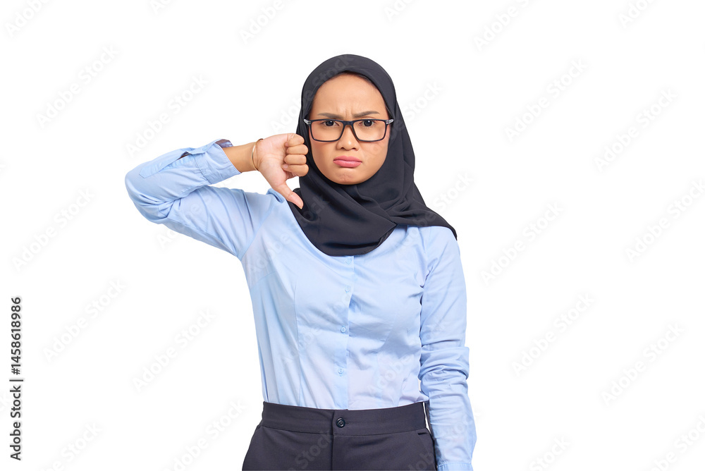 Portrait of annoyed young Asian woman showing thumbs down isolated on transparent background Portrait of annoyed young Asian woman showing thumbs down isolated on transparent background