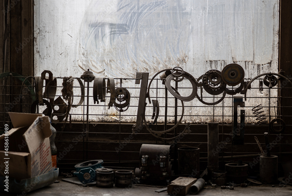 Various greasy metal parts hang from a wire mesh against a dirty window, with more tools and components scattered on a workbench below. A cardboard box sits to the left.