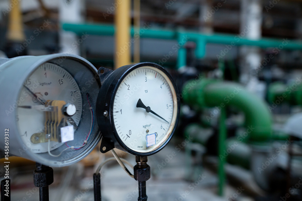 Pressure gauges at the pump station in the water preparation section of a heat exchanger circuit. The gauges are mounted on a control panel, monitoring fluid pressure for efficient operation.