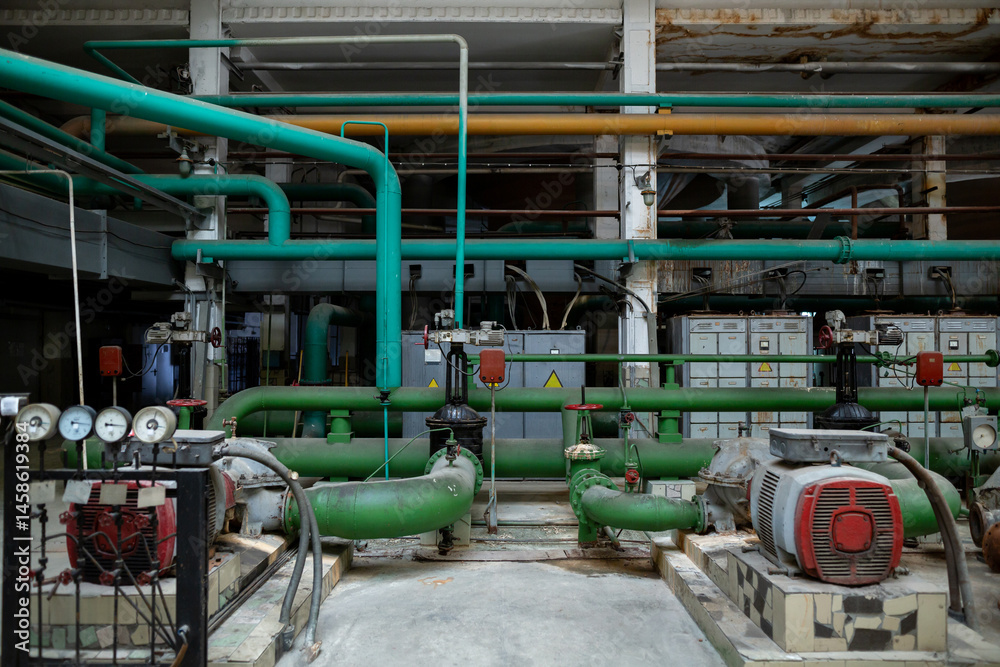 Pumping station for water preparation in a heat exchanger circuit. Includes industrial pumps, pipelines, and filtration systems ensuring efficient water circulation and processing.