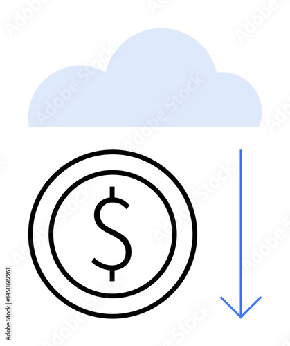 Cloud above dollar coin with downward arrow, symbolizing cost reduction or savings. Ideal for finance, cloud services, cost management, business solutions, economic models, investment, simple landing