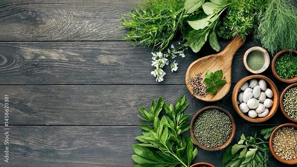 Fresh herbs and spices arranged on a wooden table with a rustic background, showcasing culinary ingredients