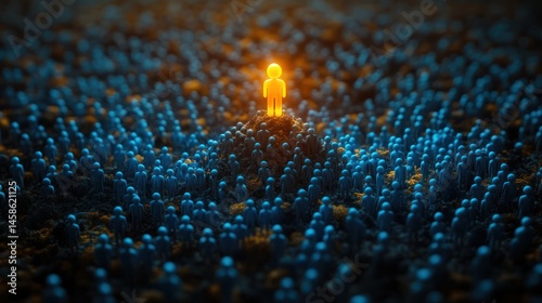 One bright figure stands out among many blue figures in a crowd.