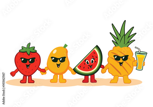 Cute summer fruits mango, pineapple, watermelon and strawberries. Vector illustration in cartoon flat style
