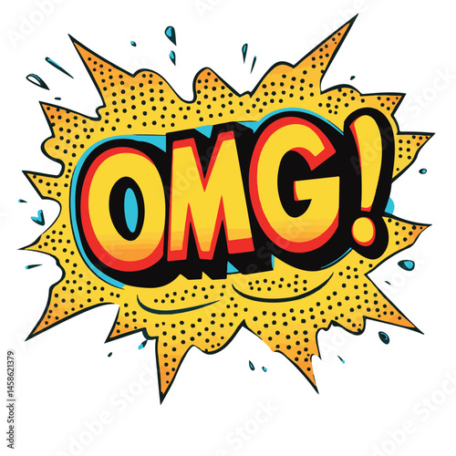 Cartoon Omg Comic Speech Bubble With Halftone Yellow And Blue Colors