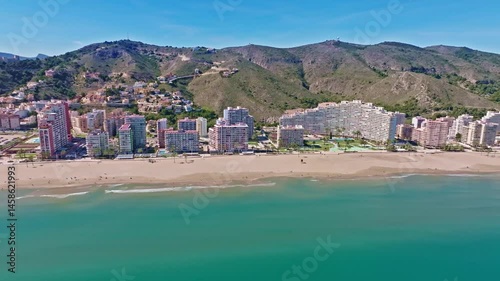 Panoramic Cullera beach skyline aerial view in Valencia of Spain