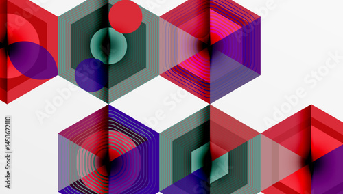 Geometric hexagons overlap, creating vibrant patterns. Red, purple, teal hues dominate design. Minimalist, modern aesthetic.