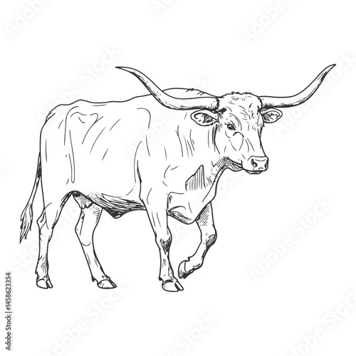 Walking Texas Longhorn Cow Facing Left in Hand Drawn Vintage Ranch Style
