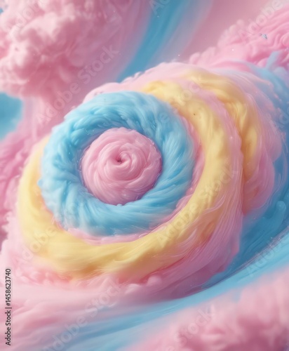 Fuzzy pink blue yellow swirl, ethereal cotton candy effect, visual, swirl