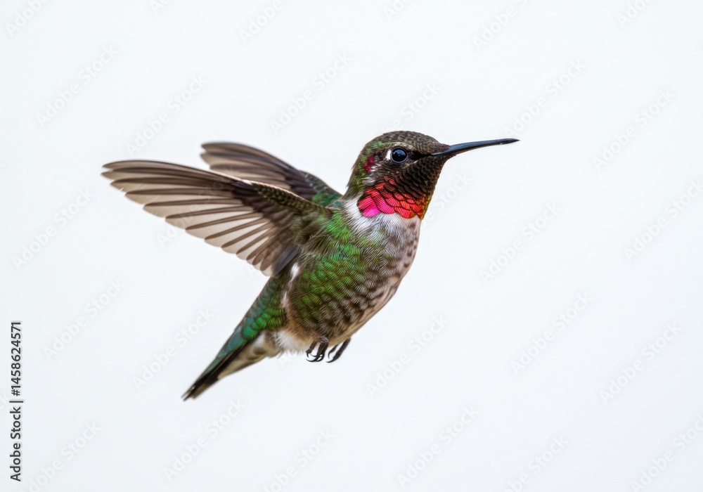 Fototapeta premium Rufous hummingbird in flight with vibrant colors on white background