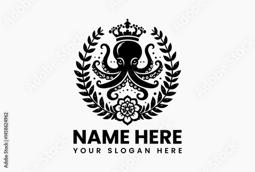 Elegant black and white illustration of an octopus wearing a crown, surrounded by decorative leaves and a flower in a symmetrical design. Marine animal concept