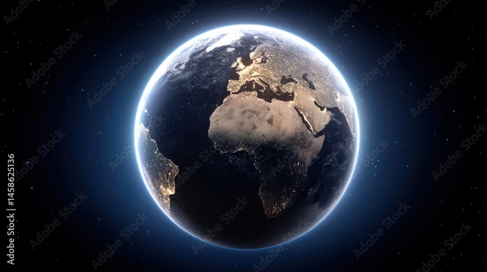 Obraz premium Stunning view of Earth from space showcasing illuminated continents and vast oceans reflecting natural beauty and planetary significance in the cosmos captured with clarity