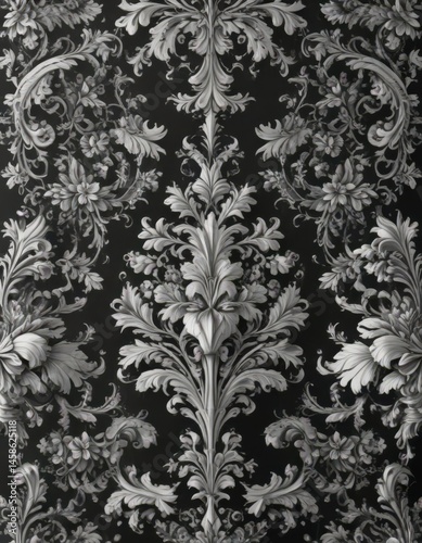 Classic black & white damask, intricate floral scrolls , light, scroll, texture