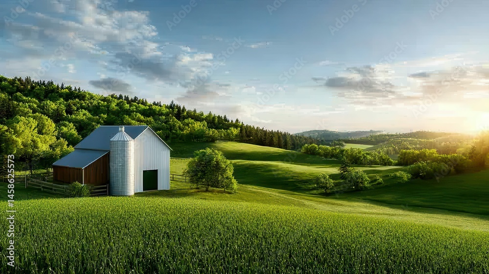 Obraz premium Serene sunrise over a lush green farm landscape with a rustic barn.