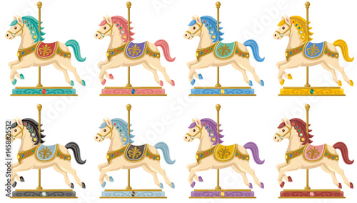レトロでアンティークな陶器製の馬のカルーセルのベクターイラストカラーバリエーションセット(Retro and Antique Porcelain Carousel Horse Vector Illustration Color Variation Set)