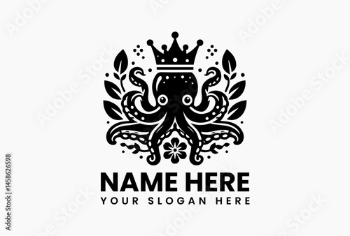 Elegant black and white illustration of an octopus wearing a crown, surrounded by decorative leaves and a flower in a symmetrical design. Marine animal concept