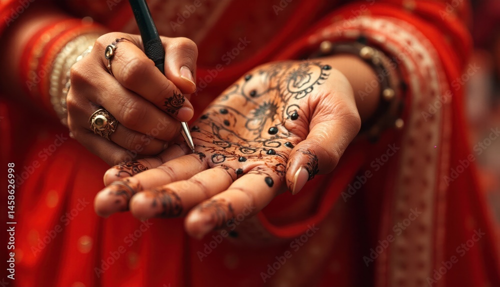Fototapeta premium A detailed image of a woman's hand being intricately decorated with henna during the Teej festival, showcasing artistic mehndi designs and traditional preparation