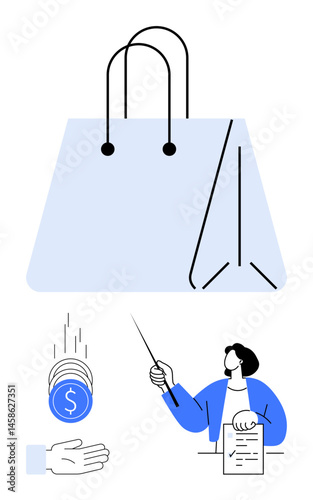 Large shopping bag, coins dropping into an outstretched hand, person presenting with paper and pointing. Ideal for e-commerce, retail, payment systems, financial planning, education, shopping