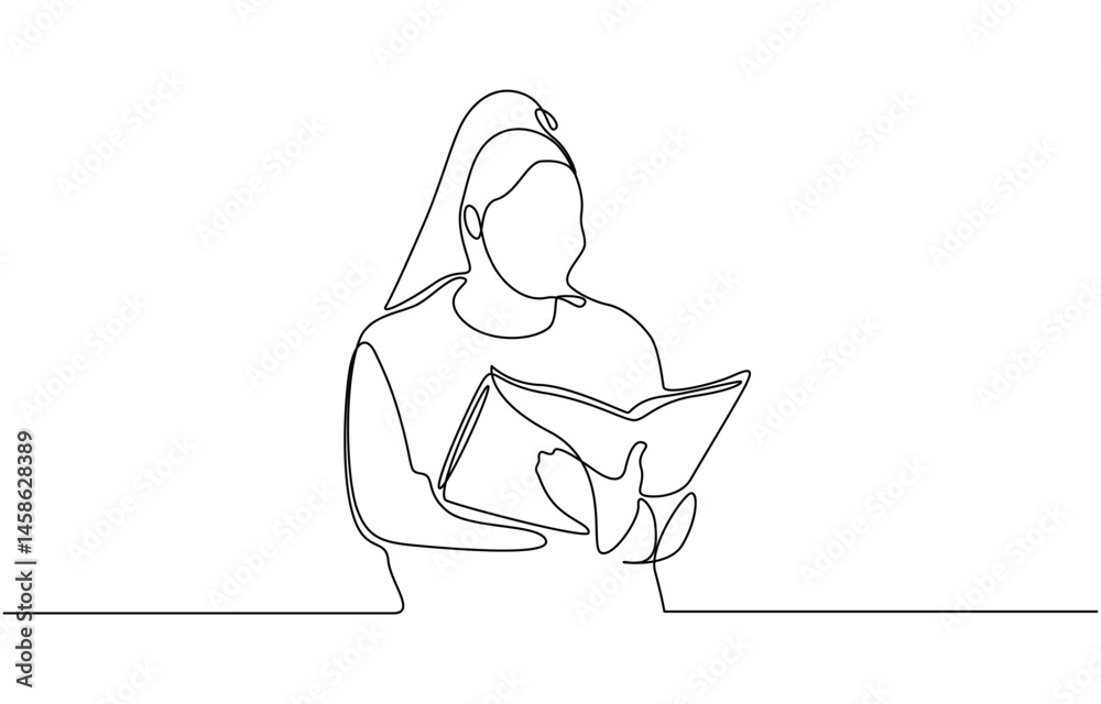 Woman reading or studying single line drawing style, One continuous line drawing of people with reading activity illustration reading design in simple design. Woman reading or studying single line drawing style, One continuous line drawing of people with reading activity illustration reading design in simple design.