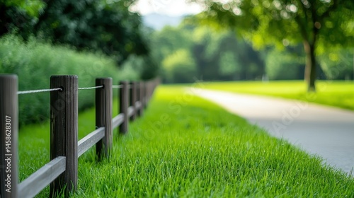 Serene park landscape with a wooden fence and lush green grass under soft sunlight.