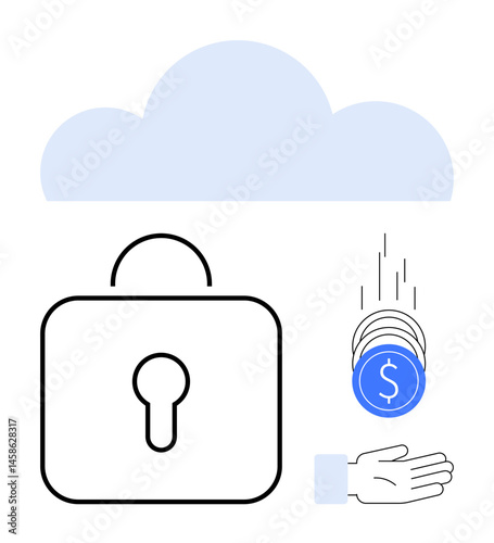 Cloud icon with lock symbol, falling coins, and a hand receiving money. Ideal for cybersecurity, cloud services, online payment, data protection, technology, finance simple landing page