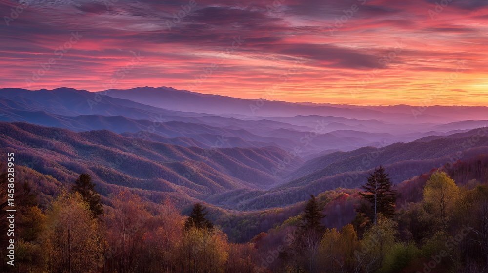 Obraz premium Colorful sunset over smoky mountain range with glowing clouds and layered forest landscape