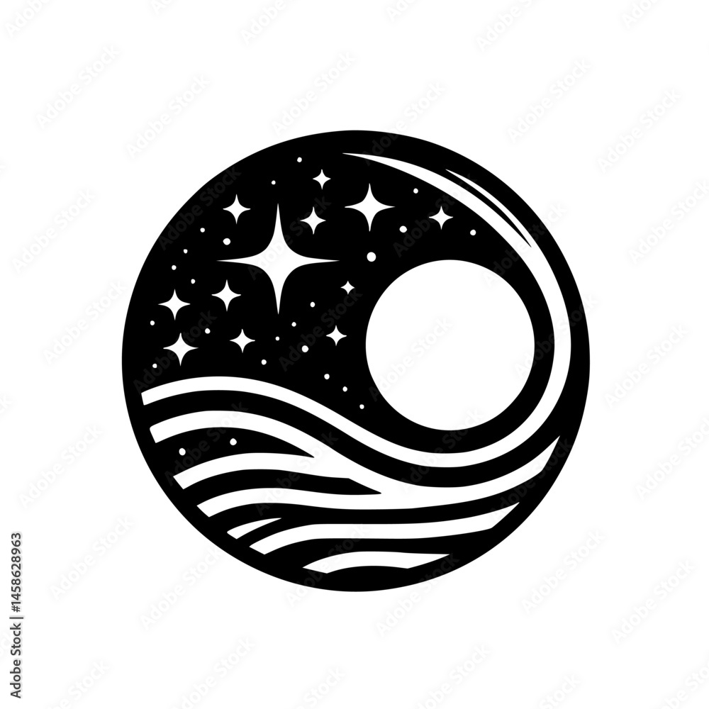 Obraz premium Celestial Harmony: Minimalist Moon, Stars, & Waves Logo Design