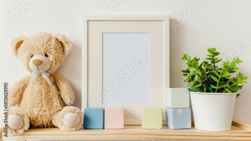 Empty white picture frame mockup with toy bear and other toys on soft pastel background
