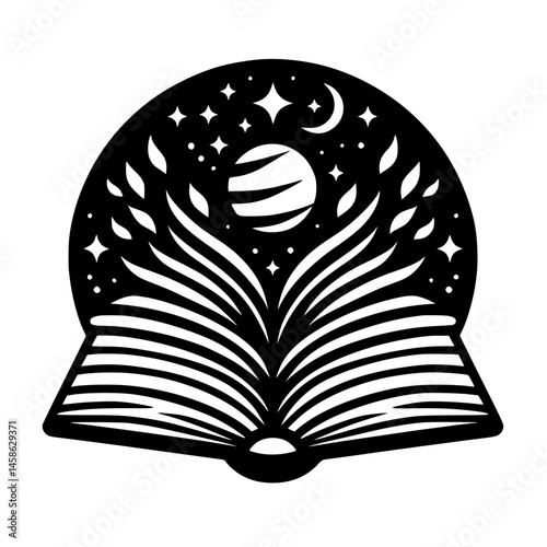 Celestial Story: Open Book with Night Sky Silhouette