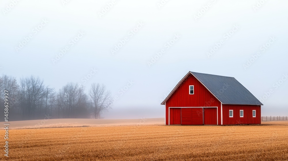 Obraz premium Serene red barn in foggy landscape, evoking tranquility and rustic charm.