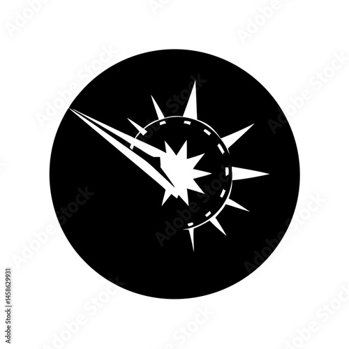 Monochrome abstract geometric illustration of a clock exploding in a black circle