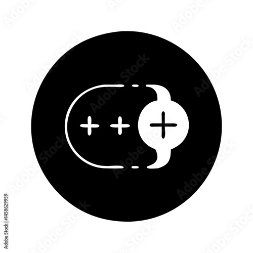 Black circle containing white plus icons within stylized communication bubbles