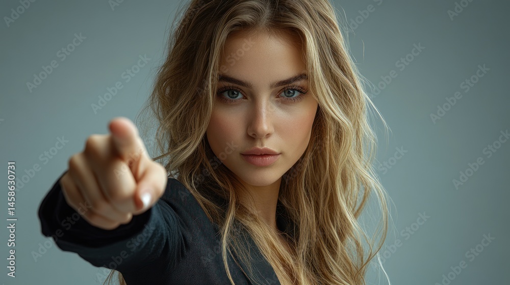 custom made wallpaper toronto digitalYoung woman with blonde wavy hair points her finger towards the viewer.