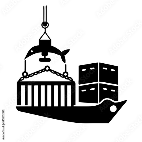 Stylized maritime cargo transportation illustration showing the unloading of shipping containers