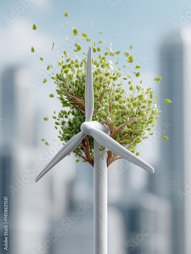 A Wind Turbine Surrounded by Fresh Green Leaves Symbolizing Renewable Energy and Environmental Sustainability