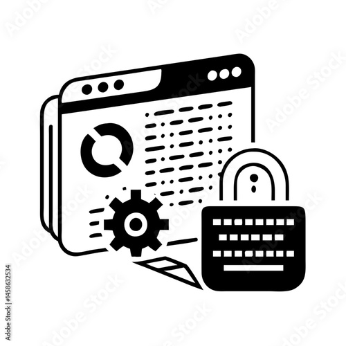 Data security and privacy illustrated by a lock, browser and gear icon