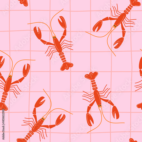 Playful seamless pattern with quirky cartoon lobsters on hand-drawn irregular grid background for packaging, wrapping, stationery, fabric, textiles, cheerful coastal designs etc.