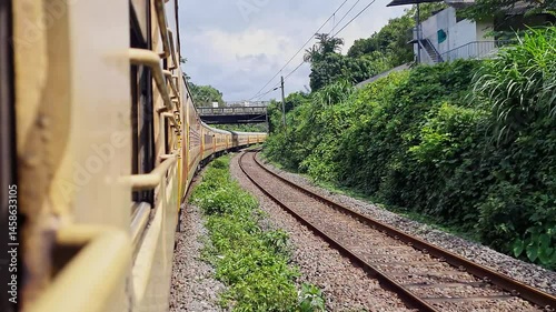 An Indian local passenger train or express train crossing under an old bridge in a lush environment