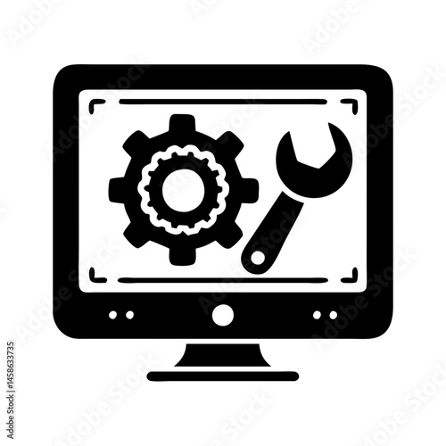 Computer monitor displaying a gear and wrench, indicating technical support