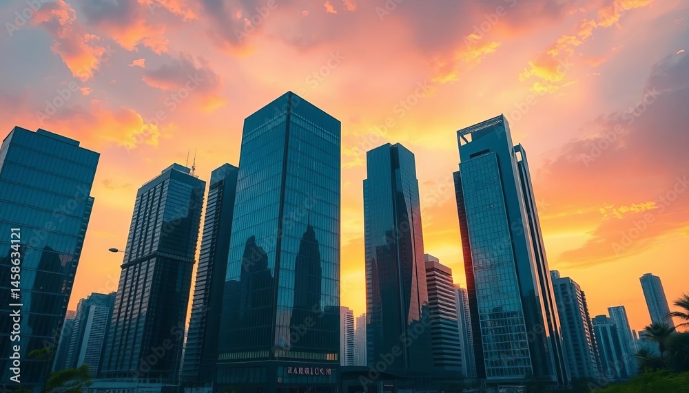 Fototapeta premium Sleek glass skyscrapers pierce a vibrant sunrise, leaving ample negative space, business, building