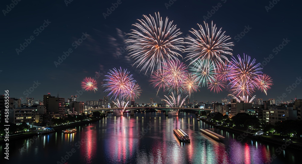 Fototapeta premium Celebrating Fireworks Display Over City River Reflecting Light at Night