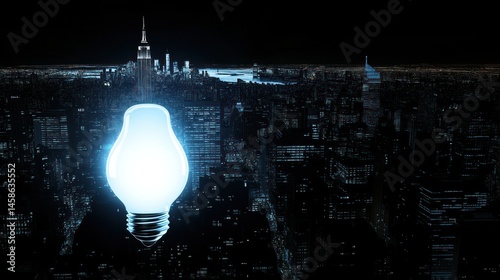 Illuminating Metropolis: A Glowing Lightbulb Over the Night Skyline of a City