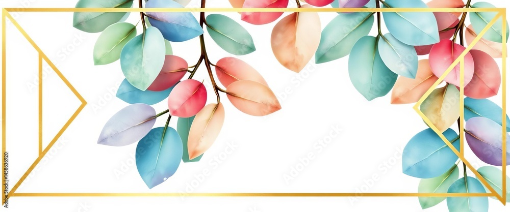 Fototapeta premium Watercolor eucalyptus leaves border in gold geometric frame, isolated on white , foliage, card
