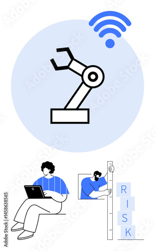 Robotic arm indicating automation, engineer monitoring system on a laptop, person assessing and balancing risks. Ideal for technology, IoT, risk management, data analysis, business planning