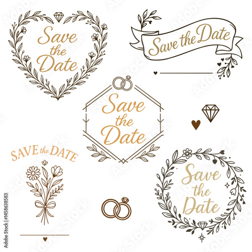 Save the Date Vektor Set 2025 für Hochzeit und JGA. Boho Set aus sechs eleganten Designs im floralen und romantischen Stil. 