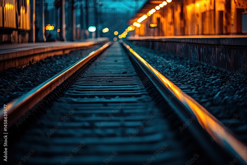 Train tracks at a station at dusk. Perspective focuses on the rails Train tracks at a station at dusk. Perspective focuses on the rails