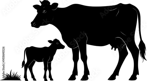 cow with her calf silhouette design vector art illustration
